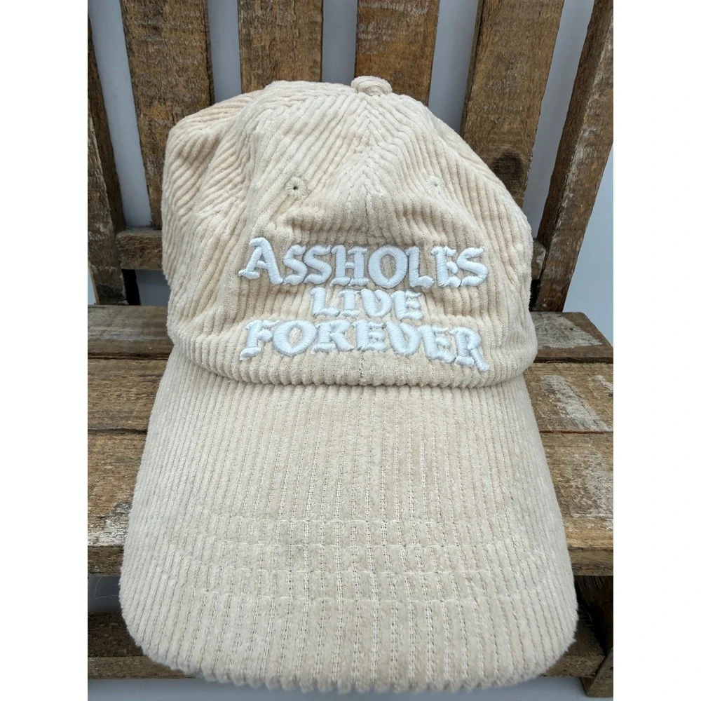 Linda Finegold Assholes Live Forever Tan Corduroy Adjustable Baseball Hat‎ Cap